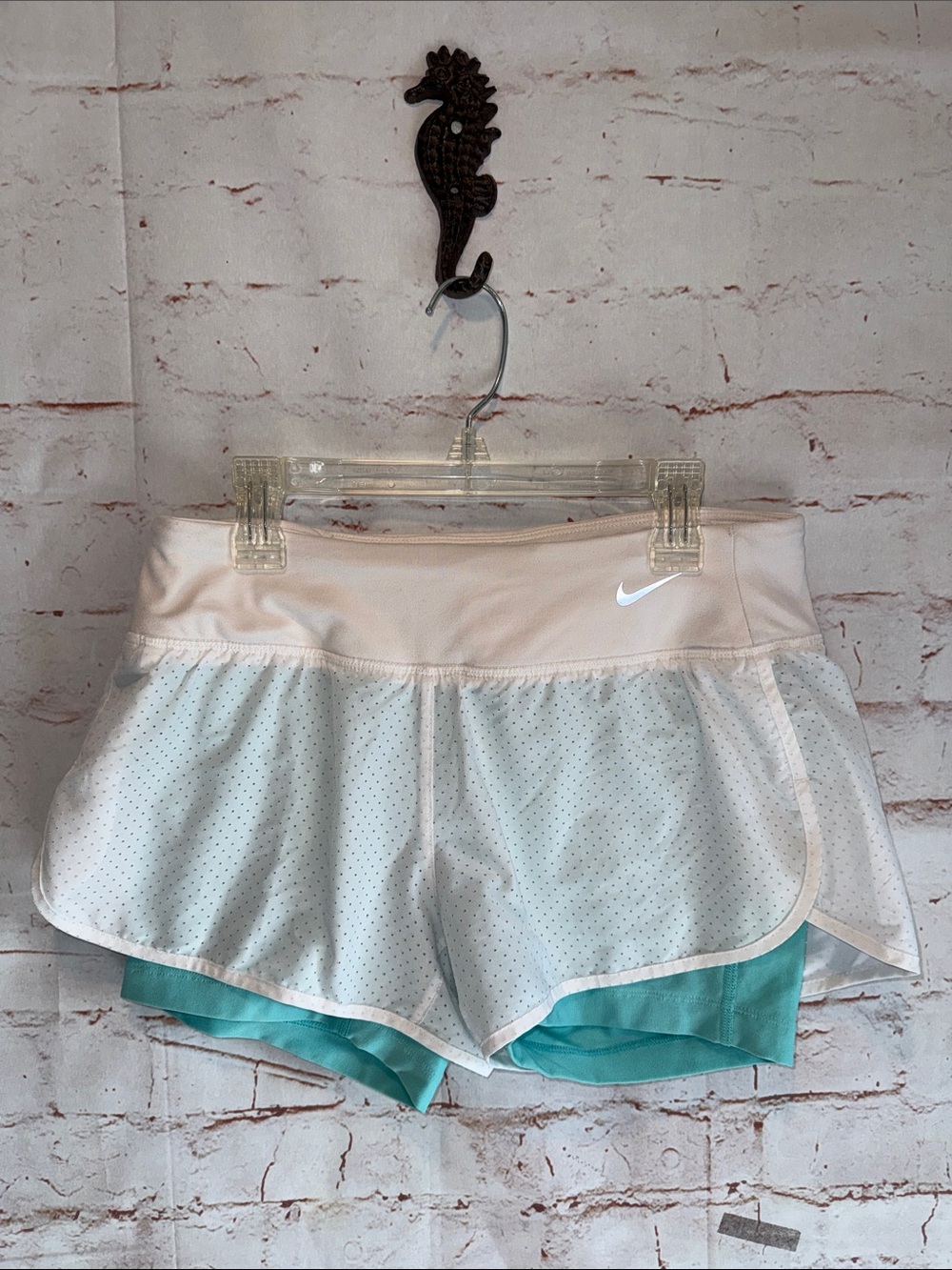 Nike Women's White Layered Running Shorts Teal shorts Liner Dri Fit zip pocket S